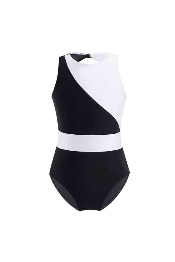Kids Girls Cutout Back Ballet Gymnastic Leotard Contrast Color Tank Top Athletic Unitard Black&White 12