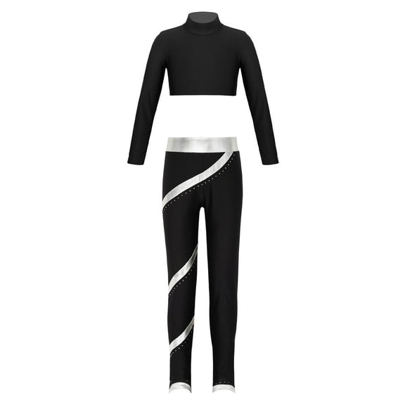 JanJean Kids Girls Dance Sports Tracksuit Long Sleeve Mock Neck Crop Top with Skating Pants Gymnastic Silver 12