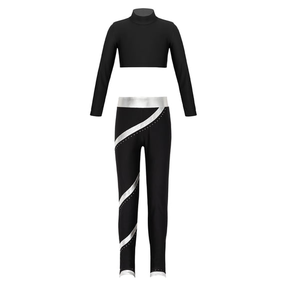 JanJean Kids Girls Dance Sports Tracksuit Long Sleeve Mock Neck Crop Top with Skating Pants Gymnastic Silver 8