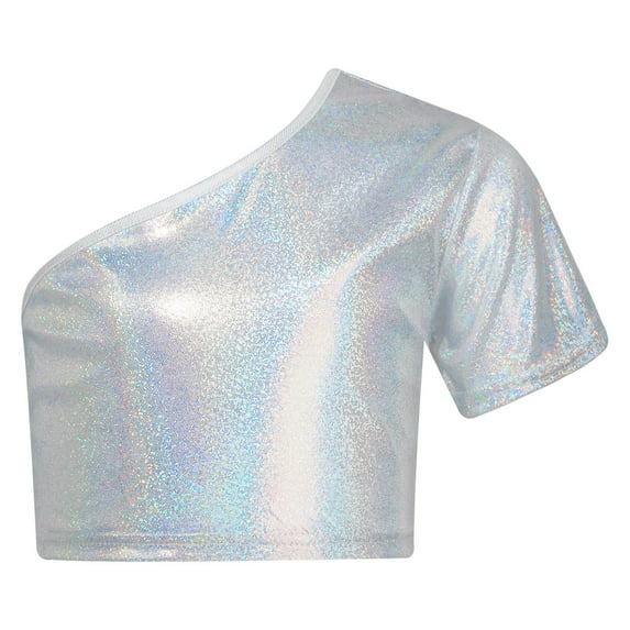 JanJean Kids Girls Dance T-Shirts Short Sleeves Shiny Metallic One Shoulder Crop Tops for Modern Jazz Silver 120