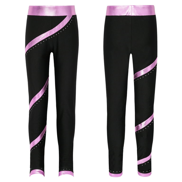 JanJean Kids Girls Figure Skating Criss Cross Pants High Waist Stretchy Ice Skating Leggings Gym Pink 8
