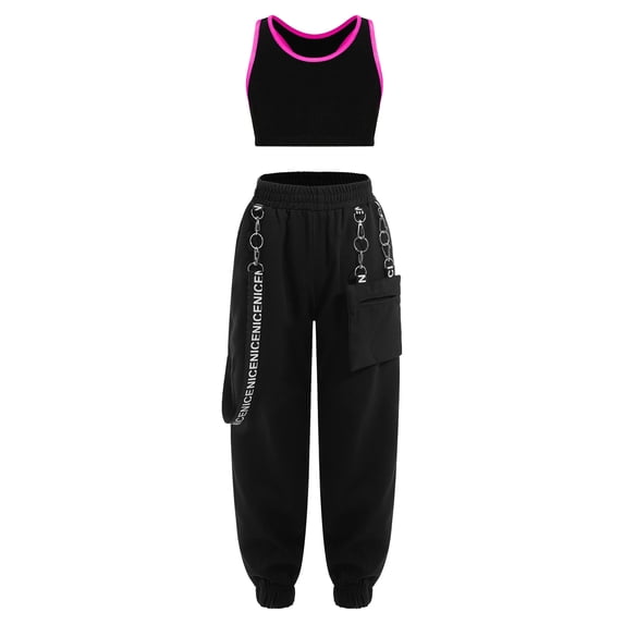 JanJean Kids Girls Gymnastic Jazz Dance Outfit Sleeveless Tank Top Vest with Chain Pocket Pant Set Hot Pink 8