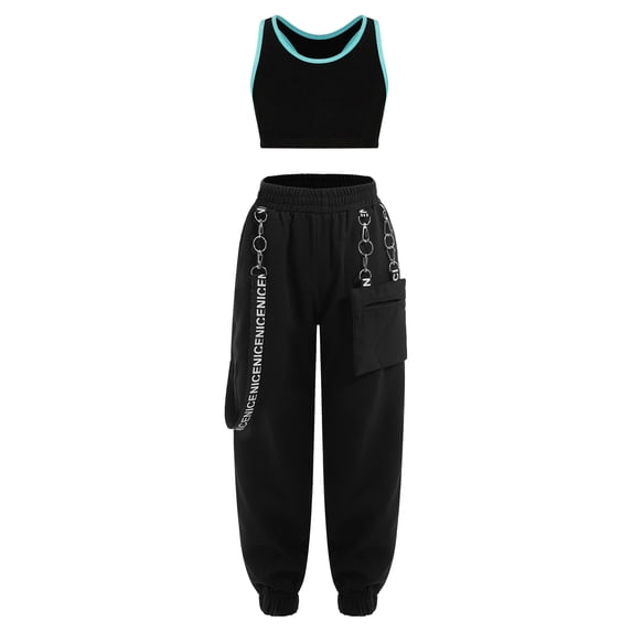 JanJean Kids Girls Gymnastic Jazz Dance Outfit Sleeveless Tank Top Vest with Chain Pocket Pant Set Lake Green 10