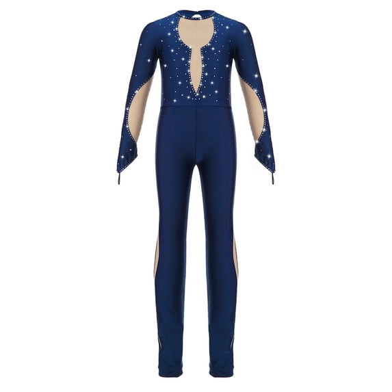 JanJean Kids Girls Gymnastic Leotard Long Sleeve Ballet Dance Figure Skating Unitard Jumpsuit Full Navy Blue 12