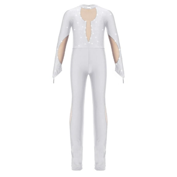 JanJean Kids Girls Gymnastic Leotard Long Sleeve Ballet Dance Figure Skating Unitard Jumpsuit Full White 12