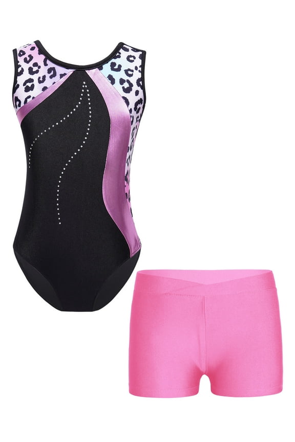 Kids Girls Gymnastics Leotard Dance Outfits Sleeveless Tumbling Biketard Unitards with Shorts Leopard 12