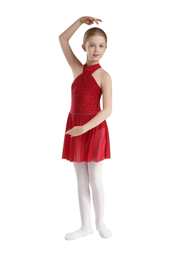 Kids Girls Gymnastics Leotard Lyrical Dance Dress Figure Skating Costume Contemporary Burgundy 6