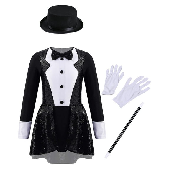 JanJean Kids Girls Halloween Cosplay Magician Costume Set Long Sleeve Leotard Dress with Hat Magic Black 4