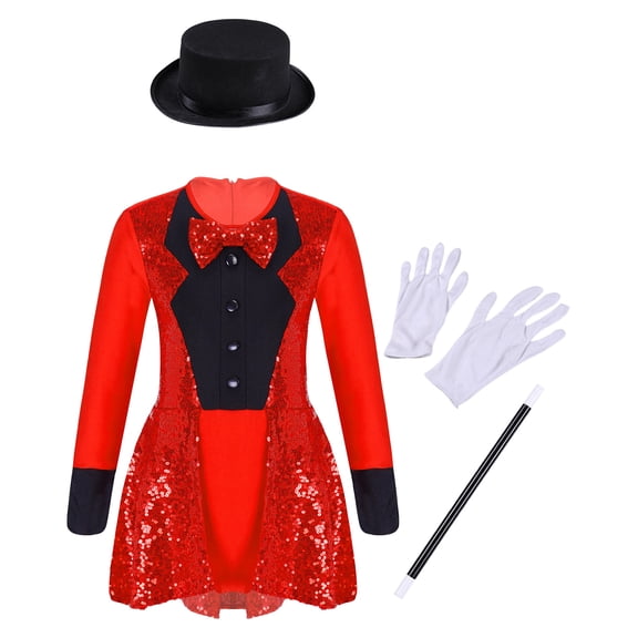 JanJean Kids Girls Halloween Cosplay Magician Costume Set Long Sleeve Leotard Dress with Hat Magic Red 14