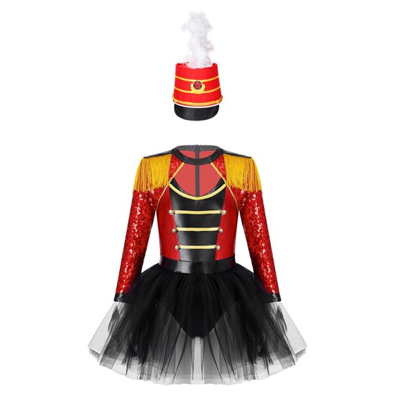 JanJean Kids Girls Honor Guard Costume Sets Long Sleeve Leotard Dress with Feather Hat Halloween Red 16