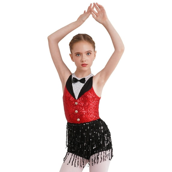 JanJean Kids Girls Latin Dance Costume Fringe Samba Dress Sequin Tassel Leotard Open Back Dress Red 12