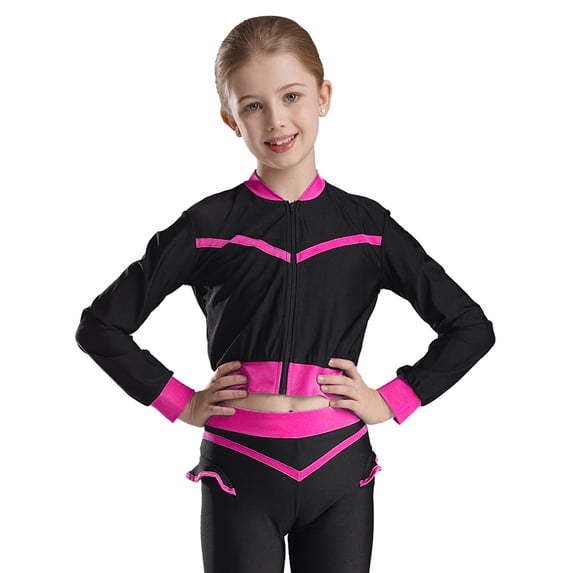JanJean Kids Girls Long Sleeves Figure Skating Sport Tops Zipper Jacket Tennis Yoga Sparkly Hot Pink 10