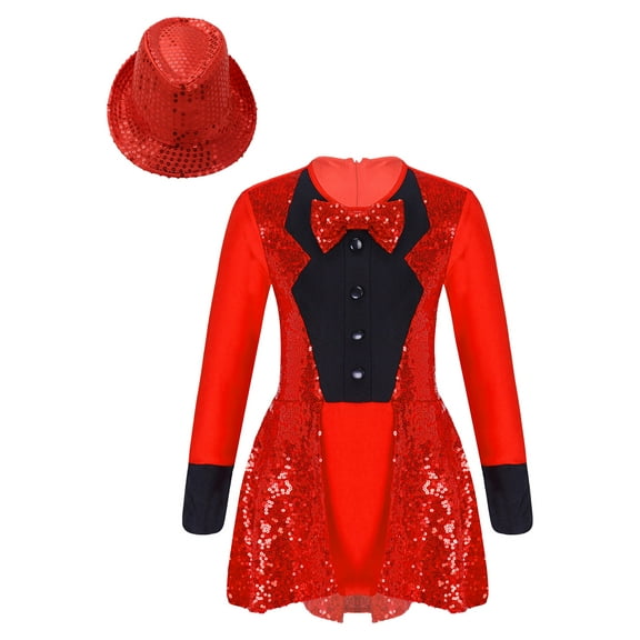 JanJean Kids Girls Ringmaster Circus Outfit Sequins Bowtie Tutu Dress with Hat Magic Performance Red 6