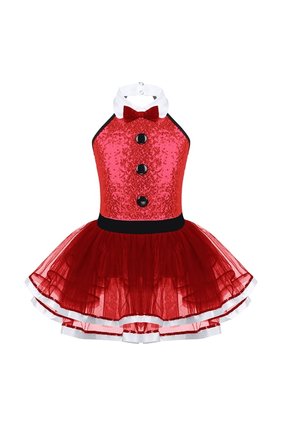 Kids Girls Shiny Ballet Dance Dress Tutu Skirted Leotard Modern Jazz Latin Street Dancing Red 4