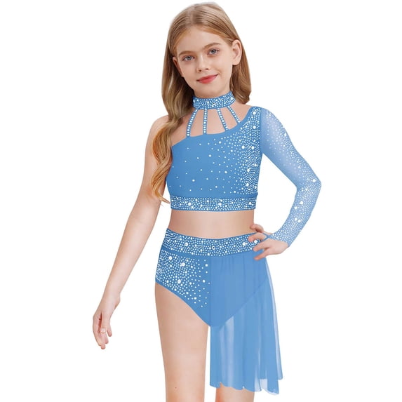JanJean Kids Girls Shiny Jazz Dance Clothes Set Long Sleeve Crop Top with Asymmetrical Skirts Lyrical Dance Dress Set Light Blue 14