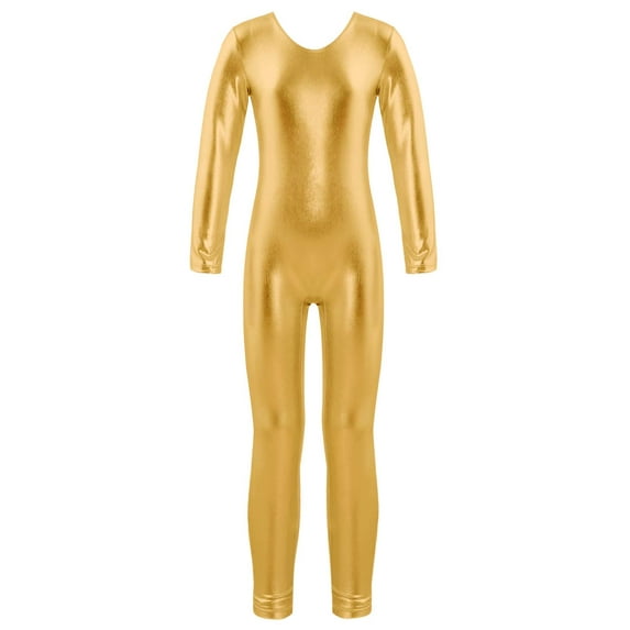JanJean Kids Girls Shiny Metallic Full Length Long Sleeve Dance Jumpsuit Gymnastics Unitard Costumes Gold 6