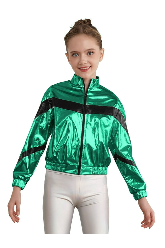 Kids Girls Shiny Metallic Long Sleeve Collared Zipper Bomber Jacket Rave Party Coat Green 10