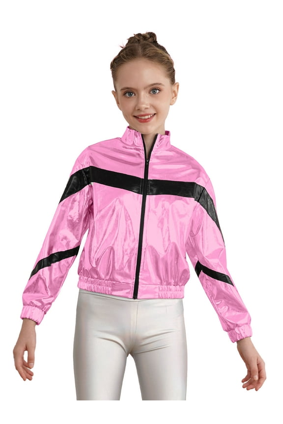 Kids Girls Shiny Metallic Long Sleeve Collared Zipper Bomber Jacket Rave Party Coat Pink 6