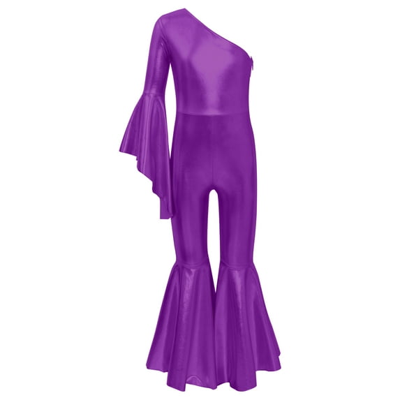 JanJean Kids Girls Shiny Metallic Unitard One Shoulder Flare Sleeve Bodysuit Dance Jumpsuit Prom Purple 14