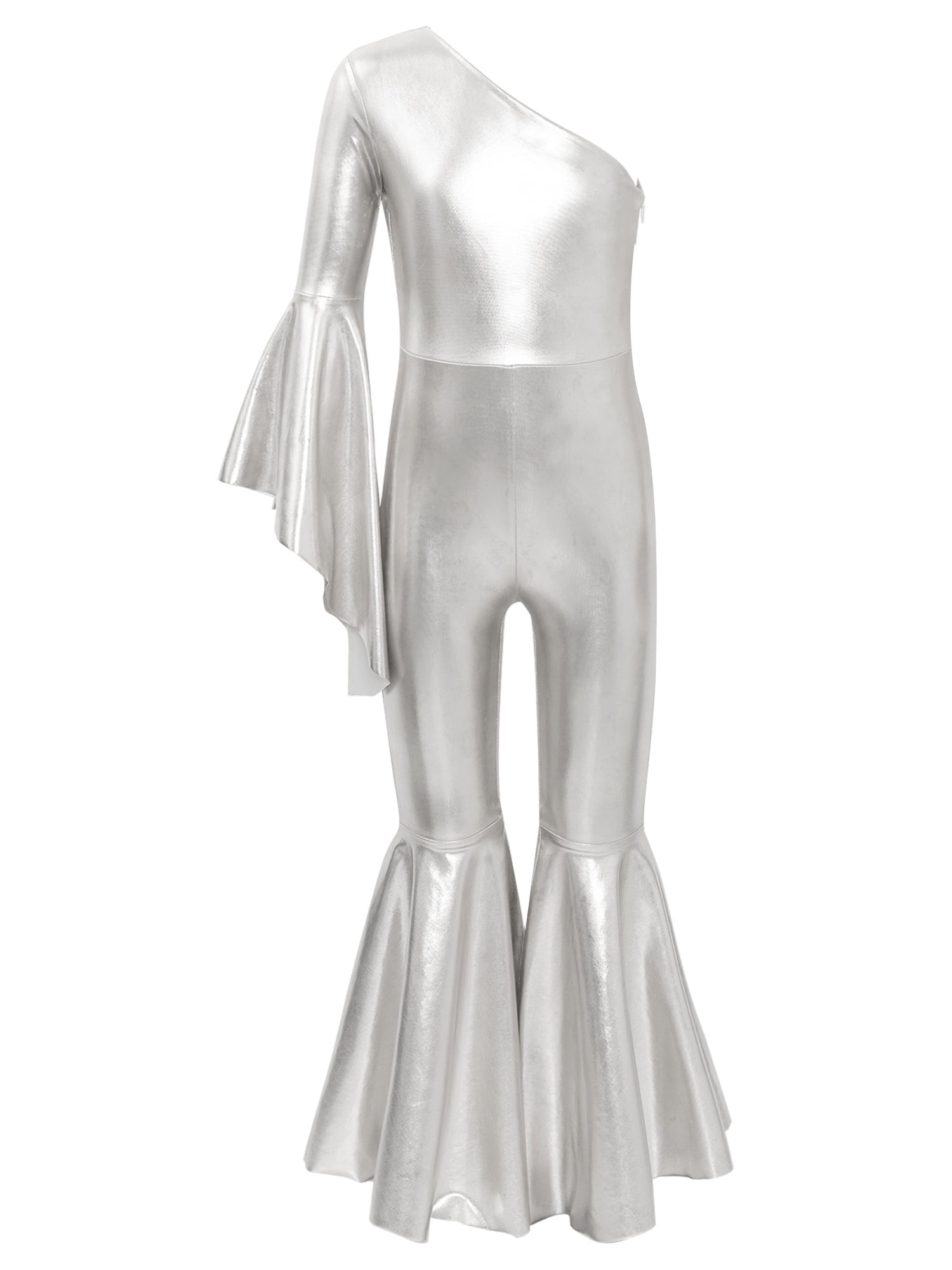 JanJean Kids Girls Shiny Metallic Unitard One Shoulder Flare Sleeve ...