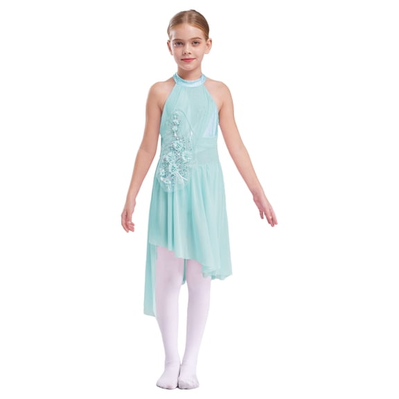 JanJean Kids Girls Shiny Rhinestone Jazz Latin Dance Dress Backless Ballet Lyrical Gymnastic Leotard Dress Ballroom Dancewear Light Blue 6