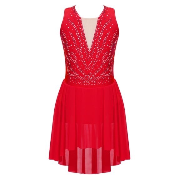JanJean Kids Girls Shiny Rhinestone Sleeveless Ballet Lyrical Skating Dance Leotard Dress Irregular Red 14