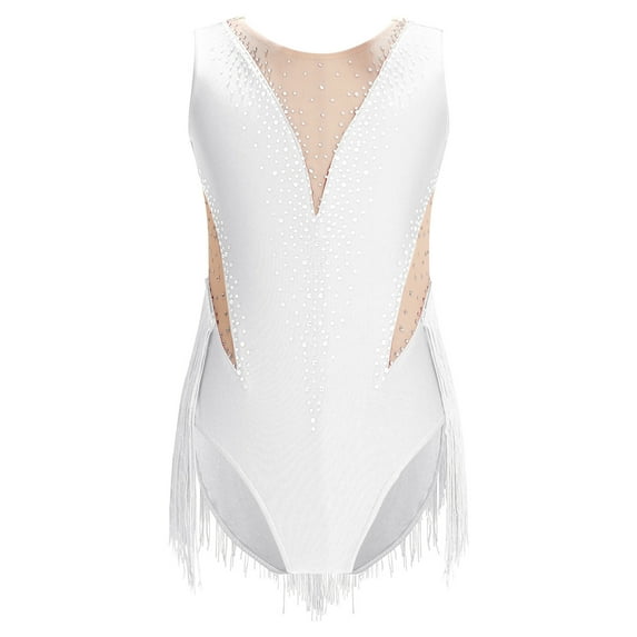 JanJean Kids Girls Shiny Rhinestone Tassel Gymnastics Leotard Sleeveless Mesh Spliced Bodysuit White 10