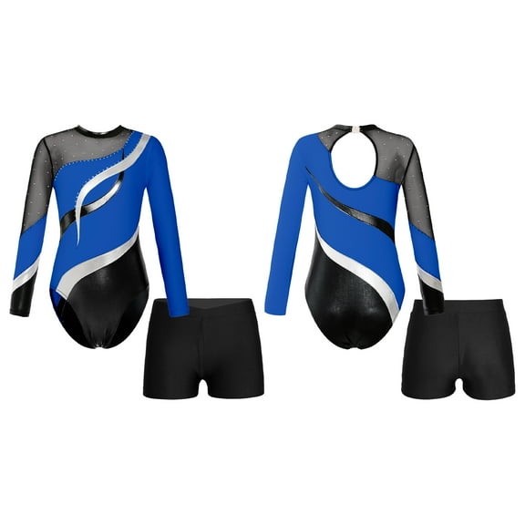 JanJean Kids Girls Shiny Rhinestones Long Sleeve Leotard Biketard with Shorts Set 2 Pieces Gymnastics Royal Blue 6