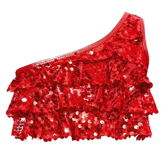 JanJean Kids Girls Single Shoulder Sequins Dance Crop Top Jazz Hip Hop Ballet Belly Dance Shirt Vest Red 6