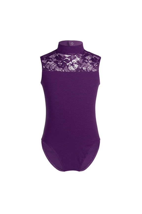 Kids Girls Sleeveless Lace Splice Keyhole Back Ballet Dance Leotard Gymnastic Athletic Purple XL