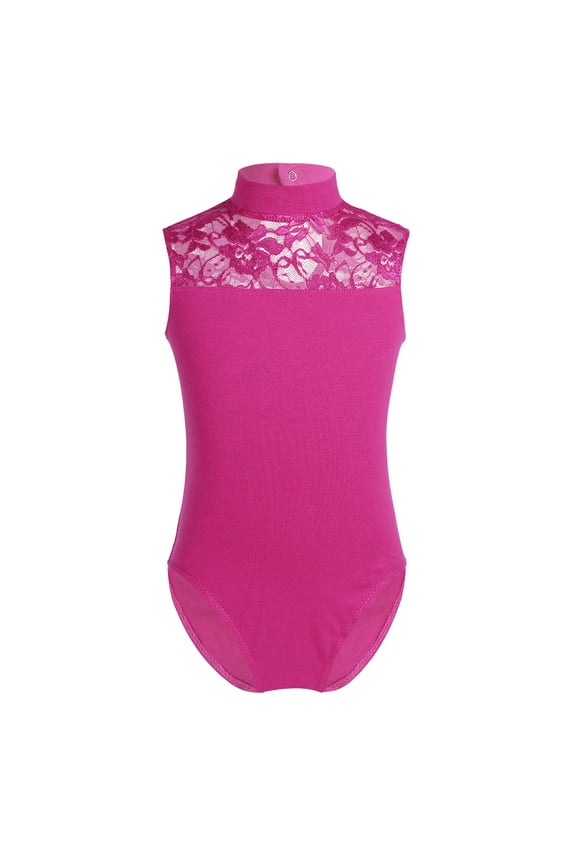 Kids Girls Sleeveless Lace Splice Keyhole Back Ballet Dance Leotard Gymnastic Athletic Rose Red M