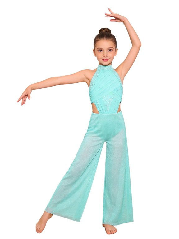 Kids Girls Sleeveless Rhinestone Lyrical Dance Dress Ballet Leotard Wide Leg Jumpsuit Contemporary Dancewear Mint Green 6