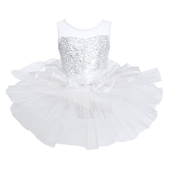 JanJean Kids Girls Sleeveless Sequins Ballet Dance Tutu Dress Ballerina Costume Gymnastics Leotard White 3T