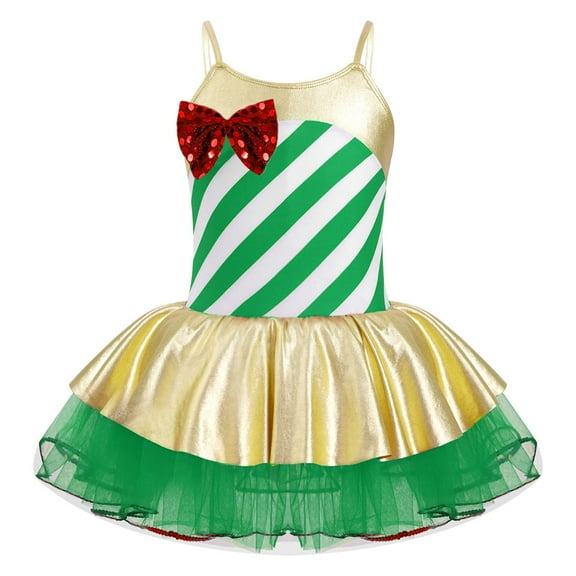 JanJean Kids Girls Sleeveless Sequins Striped Christmas Costume Figure Ice Skating Ballet Dance Green 6
