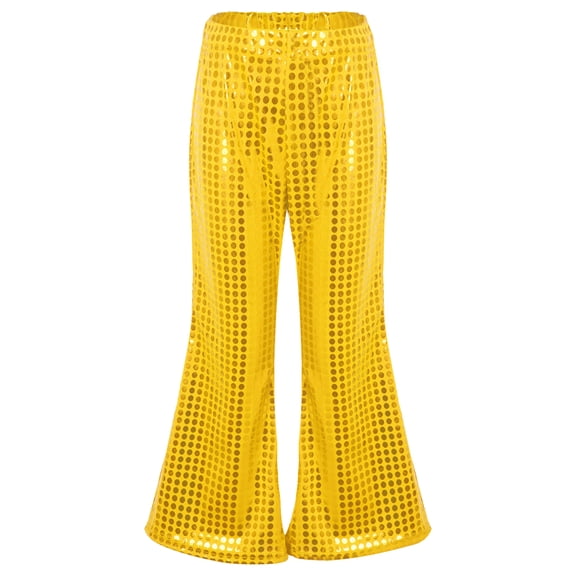 JanJean Kids Girls Sparkly Sequins Performance Costume High Waisted Wide Leg Flared Pants for Hip-hop Gold 150