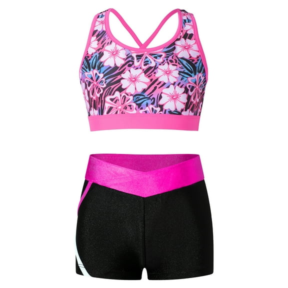 JanJean Kids Girls Sport Dance Outfit Sleeveless U Neck Crop Top with Patchwork Shorts Gymnastic Gardenia Rose 12