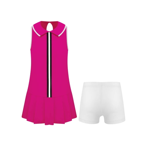 JanJean Kids Girls Tennis Golf Dress Clothes with Shorts Set Activewear Running Fitness Workout Hot Pink 14