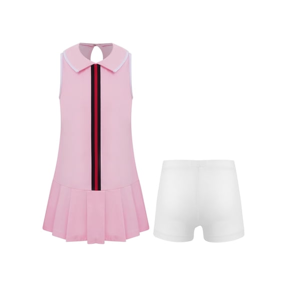 JanJean Kids Girls Tennis Golf Dress Clothes with Shorts Set Activewear Running Fitness Workout Pink 8