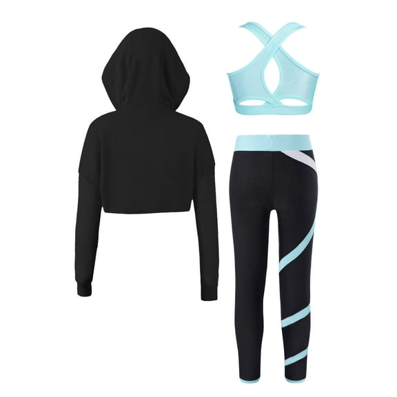 JanJean Kids Girls Workout Performance Competition Outfits Long Sleeve Hooded Drawstring Tops Vest Light Blue 10