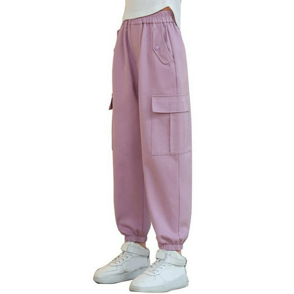 JanJean Kids Girls's High Waist Casual Outdoor Cargo Pants Hiking Climbing Sweatpants with Pockets Pink 150