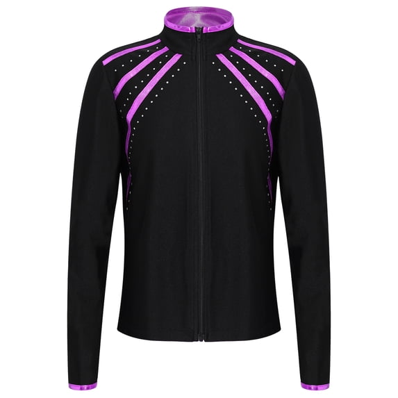 JanJean Kids Gymnastics Jacket Ice Skating Zip Up Sweatshirt Girls Shiny Metallic Coat Dance Outwear Purple 16