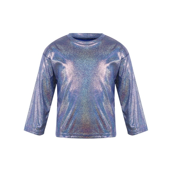 JanJean Kids Shiny Metallic T Shirts Long Sleeve Loose Dance Crop Tops Costume for Stage Performance Royal Blue 110