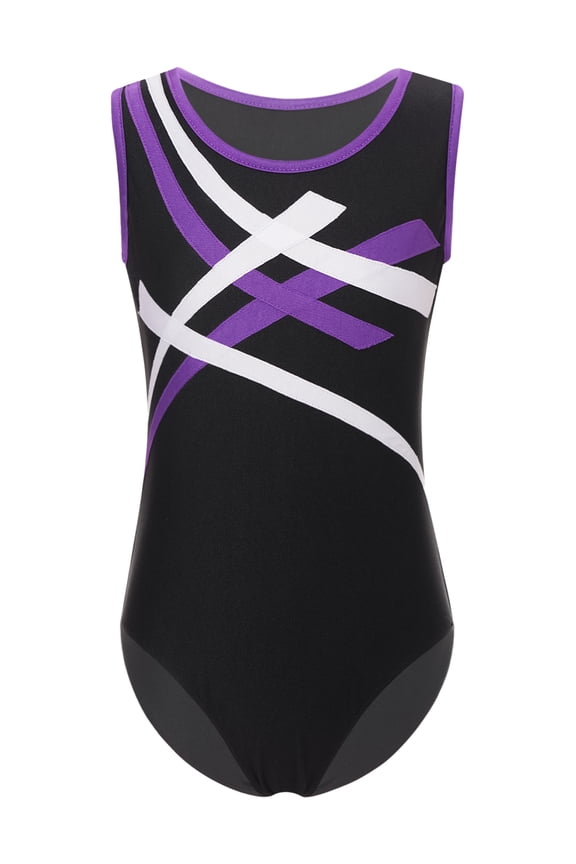 Kids Sport Athletic Leotard Shiny Dance Bodysuit Boys Sleeveless Colorblock Unitard Training Purple 16