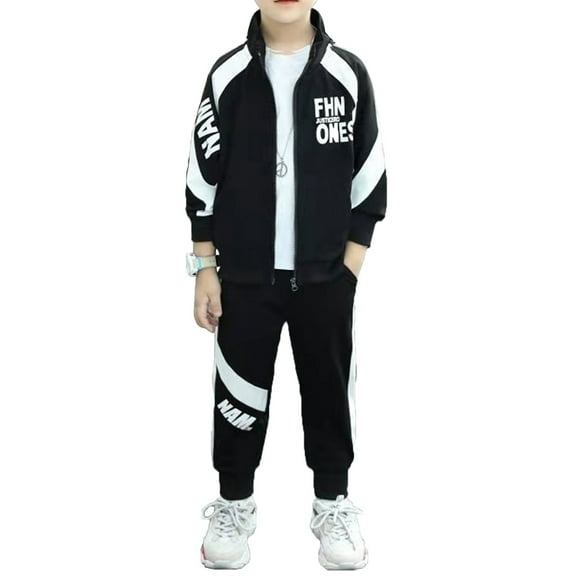JanJean Kids Sportwear Athletic Tracksuit Boys Full Zip Up Jacket with Pockets and Gym Sweatpants Black 160