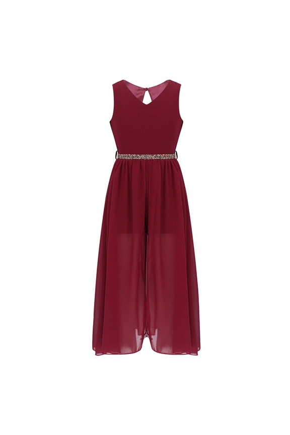 Little Girls Sleeveless V Neck Keyhole Rhinestones Maxi Jumpsuit Romper for Party Burgundy 16