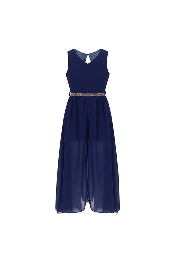 Little Girls Sleeveless V Neck Keyhole Rhinestones Maxi Jumpsuit Romper for Party Navy_Blue 14