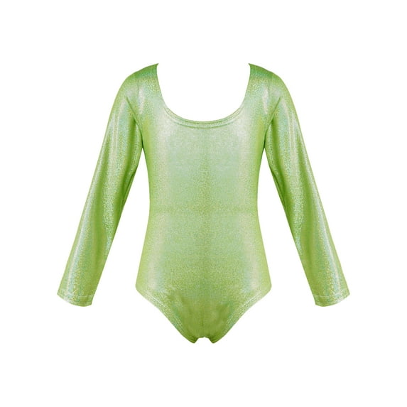 JanJean Long Sleeve Shiny Metallic Dance Gymnastics Leotard for Kids Girls One Piece Scoop Neck Yoga Green 140