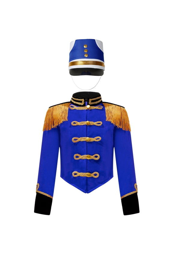 Marching Band Costume for Kids Boys Drum Major Uniform Tassel Jacket Coat with Cap Set Royal Blue 4