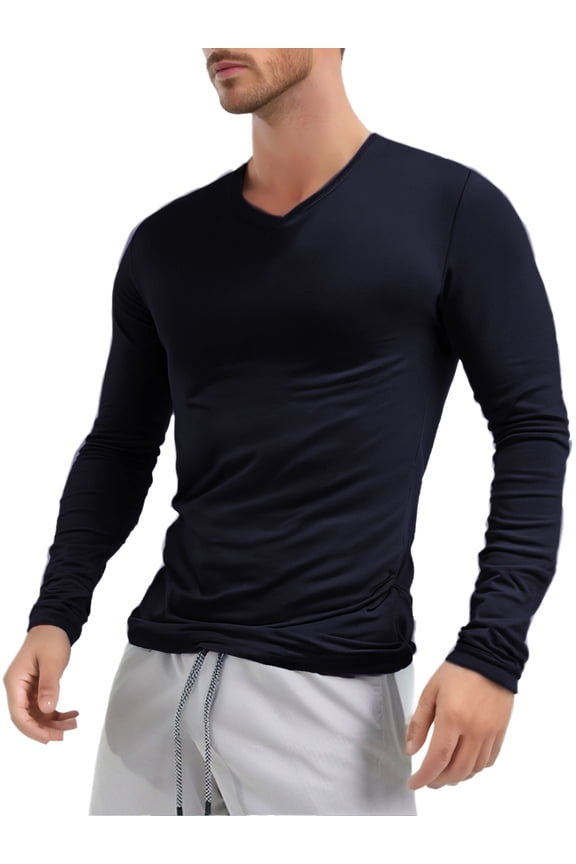 Men V Neck Long Sleeve Tee Tops Muscle Slim Fit Low Cut Stretch Undershirts T-Shirts Black L