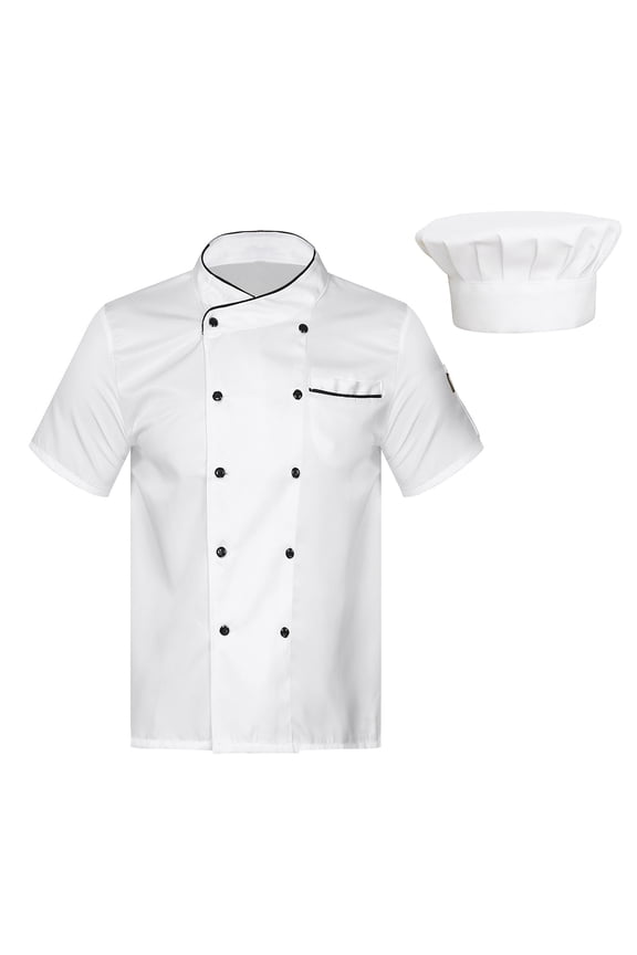 Men Women Short Sleeve Chef Coat Stand Collar Double-Breasted Chef Jacket Kitchen Restaurant White Short Sleeve 3XL